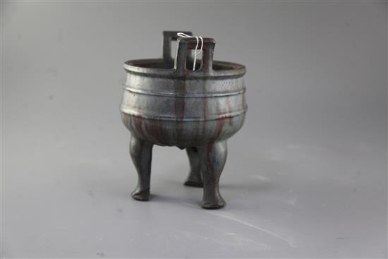 A Chinese Yixing pottery tripod censer, Ding, 18th century, height 20.5cm, body crack